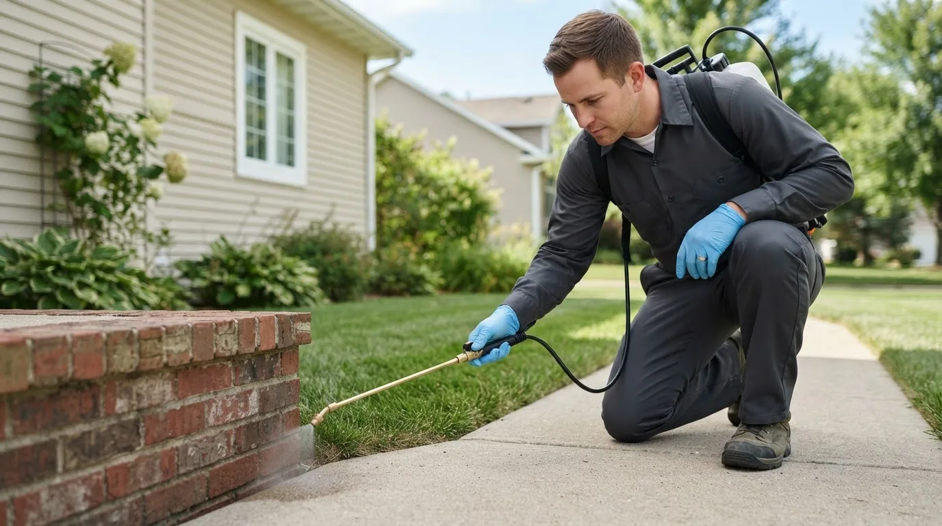 Pest control technician treating a home near Van Horne, IA