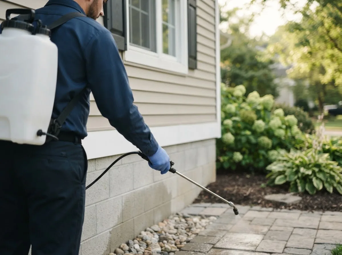 Pest control technician inspecting a home in Van Horne, IA